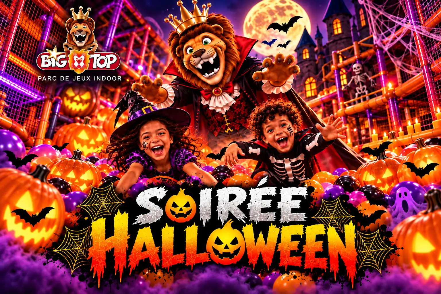 Biggy en vampire et des enfants déguisés dans le parc Big Top décoré pour la soirée Halloween